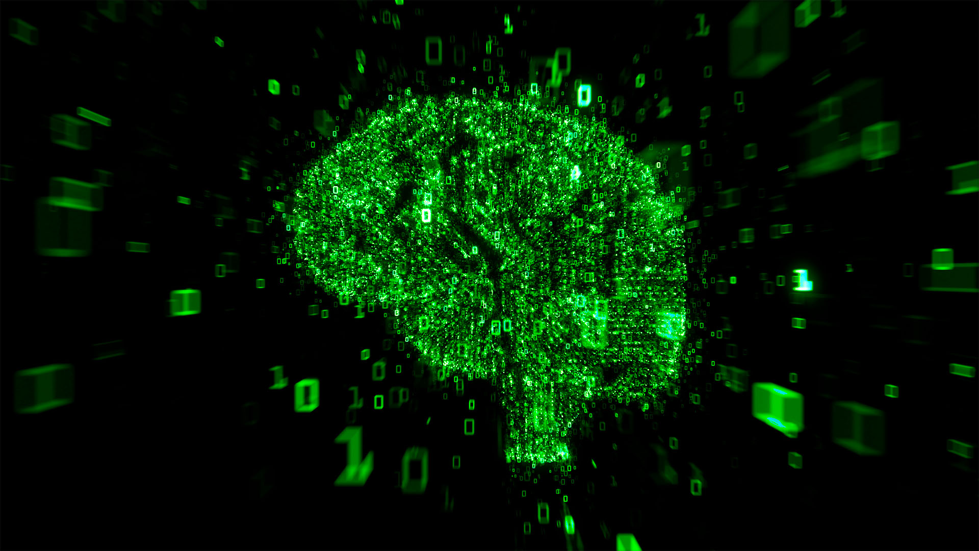 Visualización digital de un cerebro con luces verdes formadas por números binarios flotantes en un fondo oscuro. La imagen representa la inteligencia artificial y el procesamiento de datos. Inteligencia artificial