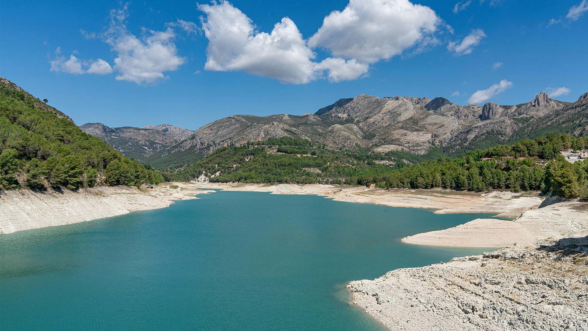 Imagen diurna del embalse de Guadalest (Alicante). En primer plano, el agua del embalse y la orilla. Al fondo, un bosque con árboles verdes y las montañas bajo el cielo azul con algunas nubes blancas. Agua en Europa