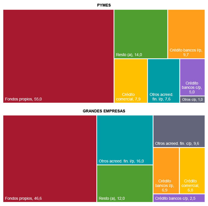 Figura 2. Estructura financiera de las pymes y las grandes empresas en España, 2022 (en % sobre el pasivo)