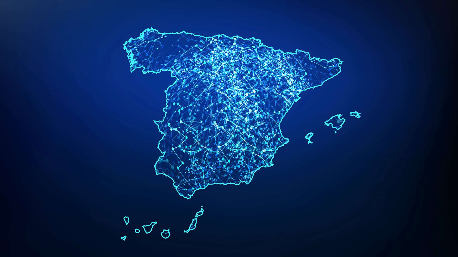 Ilustración vectorial del mapa de España con una red de conexiones iluminadas en azul claro, con un fondo en un gradiente de color entre azul marino y negro