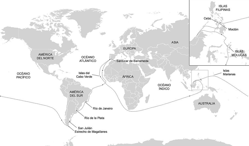 Mapamundi con el itinerario del viaje de Magallanes y Elcano