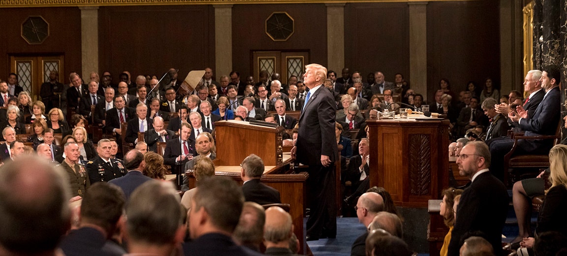 El Presidente Donald Trump pronunciando su primer discurso sobre el Estado de la Unión en el Capitolio de los Estados Unidos (Washington), el 30 de enero de 2018. Trump