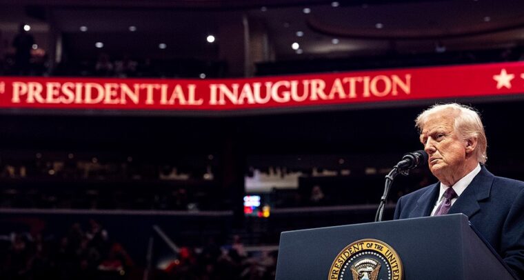 Donald Trump, presidente de los Estados Unidos, está de pie frente a un podio con el sello presidencial. Está vestido con un traje azul, una camisa blanca y una corbata de tono burdeos. De fondo, se aprecian las gradas del estadio Capitol One Arena en Washington (EE. UU.) y dos bandas de luz rojas con estrellas blancas y la frase "60th Presidential Inauguration" (60ª Inauguración Presidencial). Trump