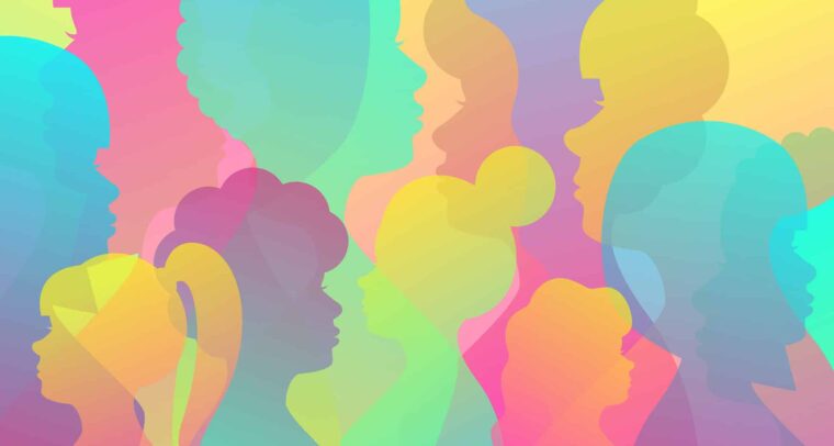 Ilustración vectorial. Fondo de color con siluetas femeninas reflejando el concepto de diversidad, igualdad de género, feminismo y día internacional de las mujeres.