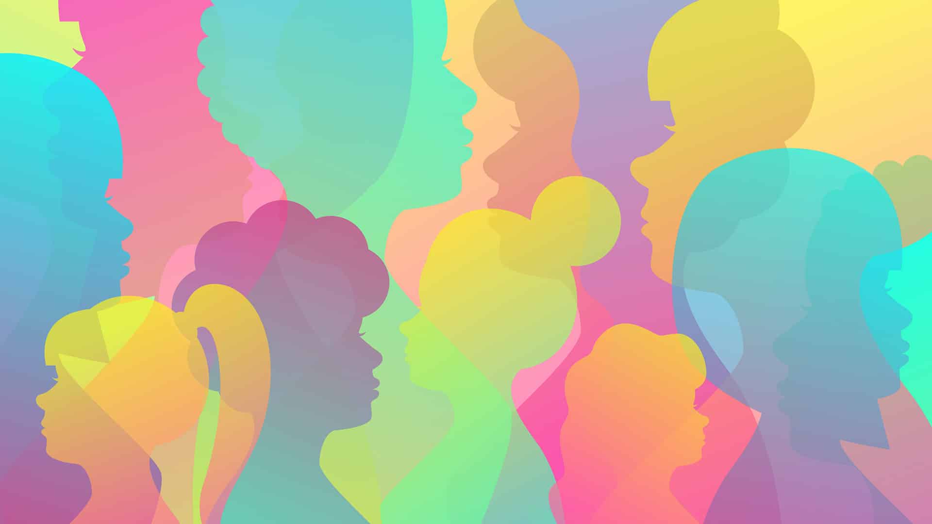 Ilustración vectorial. Fondo de color con siluetas femeninas reflejando el concepto de diversidad, igualdad de género, feminismo y día internacional de las mujeres.