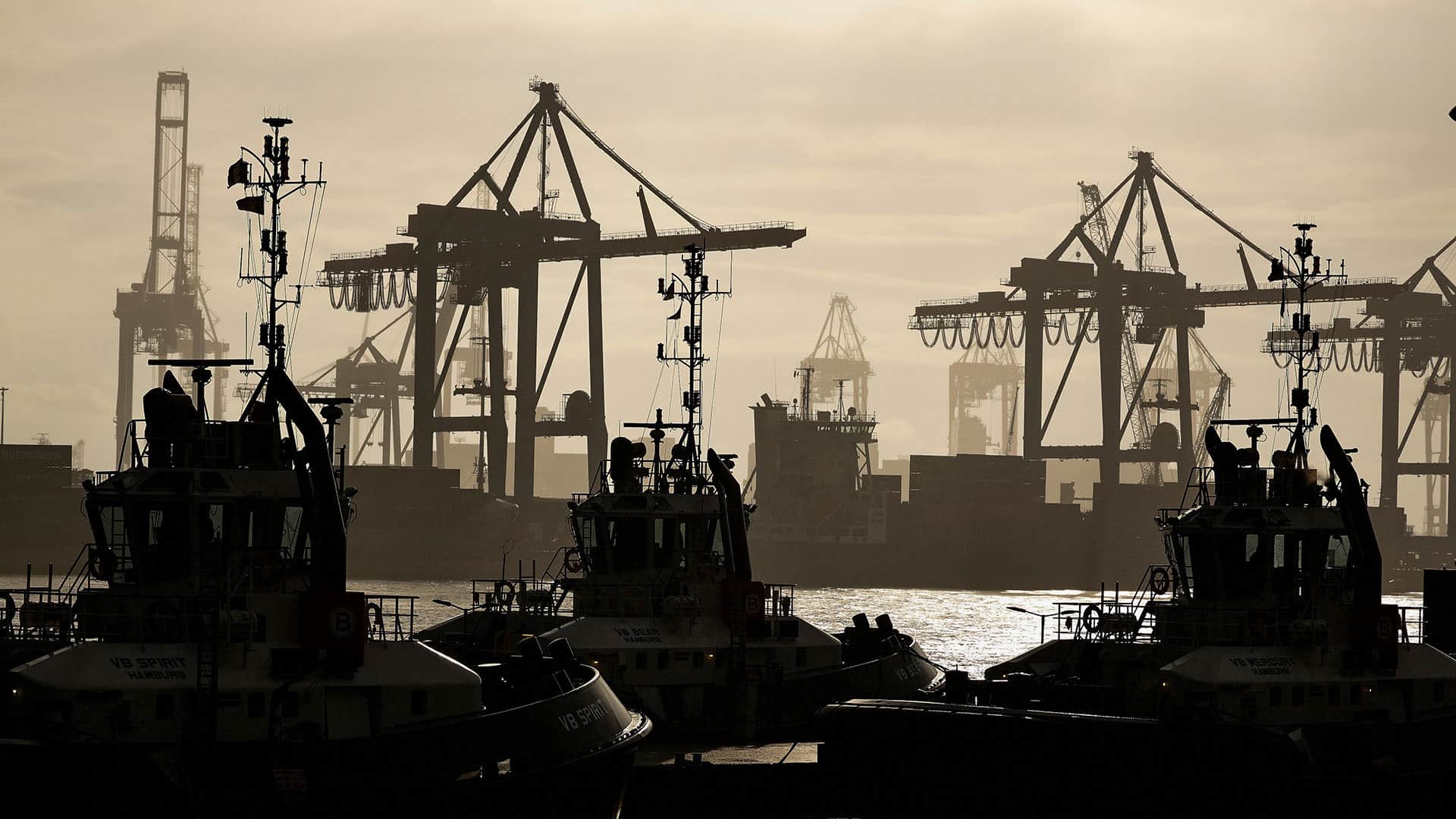 Siluetas de grúas pórtico y barcos de remolque en la terminal 'Eurogate' del puerto de Hamburgo al atardecer, destacándose contra un cielo nublado en tonos ocre. En primer plano, varios remolcadores reposan en el agua, mientras al fondo se perciben contenedores y estructuras portuarias. Trump