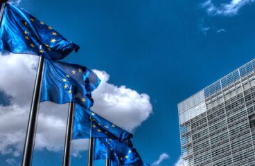 European Union flags at the Berlaymont building in Brussels.