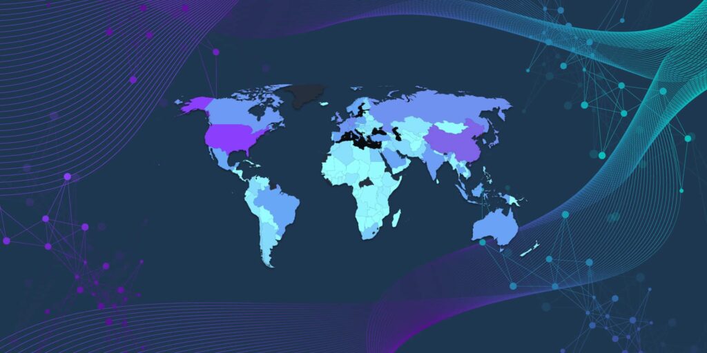 Composición con el mapa mundi del ranking de presencia global con los resultados de la edición 2025, y una ilustración vectorial científica con flujos de onda y redes de nodos, en colores degradados del violeta al cian.