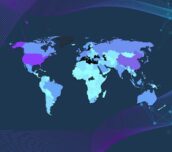 Composición con el mapa mundi del ranking de presencia global con los resultados de la edición 2025, y una ilustración vectorial científica con flujos de onda y redes de nodos, en colores degradados del violeta al cian.