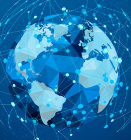 Vector illustration of a polygonal world map, centred on the Atlantic to highlight the strategic alliance between the EU and Latin America and the Caribbean. The illustration combines variations of blue tones (dark blue background) with dots and lines representing the structure of the World Wide Web, conveying the idea of global connection.