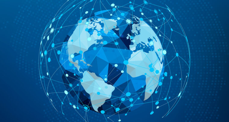Ilustración vectorial de un mapa del mundo poligonal, centrado en el Atlántico para destacar la alianza estratégica entre la UE y América Latina y el Caribe. La ilustración combina variantes de las tonalidades del azul (fondo en azul oscuro), con puntos y líneas de estructura de la World Wide Web que dan la idea de conexión global.