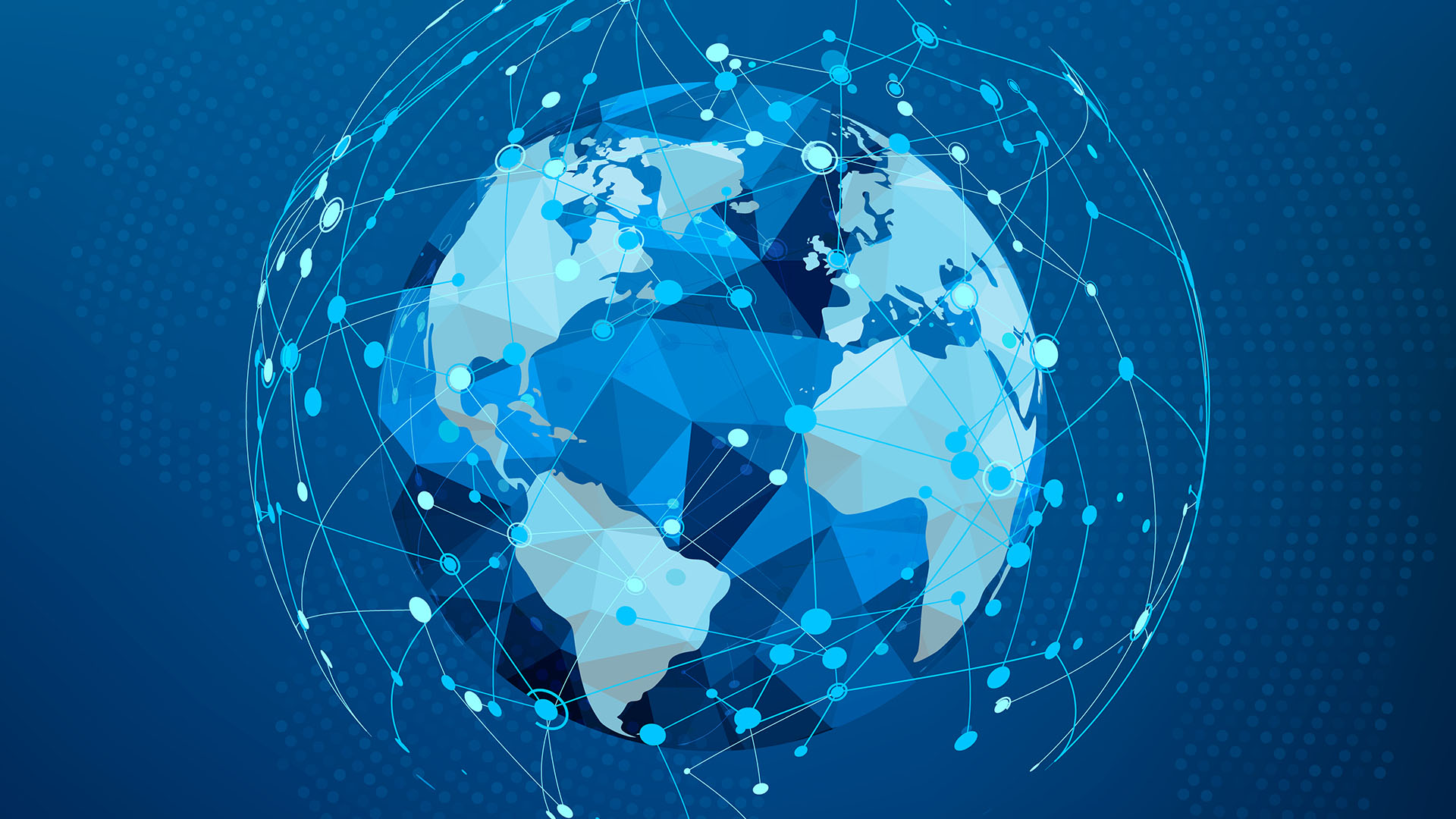 Ilustración vectorial de un mapa del mundo poligonal, centrado en el Atlántico para destacar la alianza estratégica entre la UE y América Latina y el Caribe. La ilustración combina variantes de las tonalidades del azul (fondo en azul oscuro), con puntos y líneas de estructura de la World Wide Web que dan la idea de conexión global.
