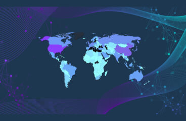 Composition with the world map of the global presence ranking with the results of the, and a scientific vector illustration with wave flows and node networks, in gradient colours from violet to cyan.