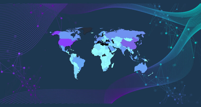 Composition with the world map of the global presence ranking with the results of the, and a scientific vector illustration with wave flows and node networks, in gradient colours from violet to cyan.