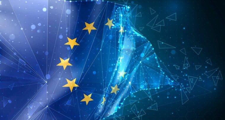 Bandera de la Unión Europea en representación vectorial 3D, compuesta por polígonos triangulares y redes digitales sobre fondo azul. Derecho digital