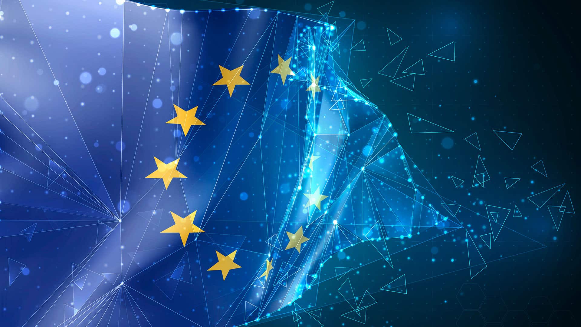 Bandera de la Unión Europea en representación vectorial 3D, compuesta por polígonos triangulares y redes digitales sobre fondo azul. Derecho digital