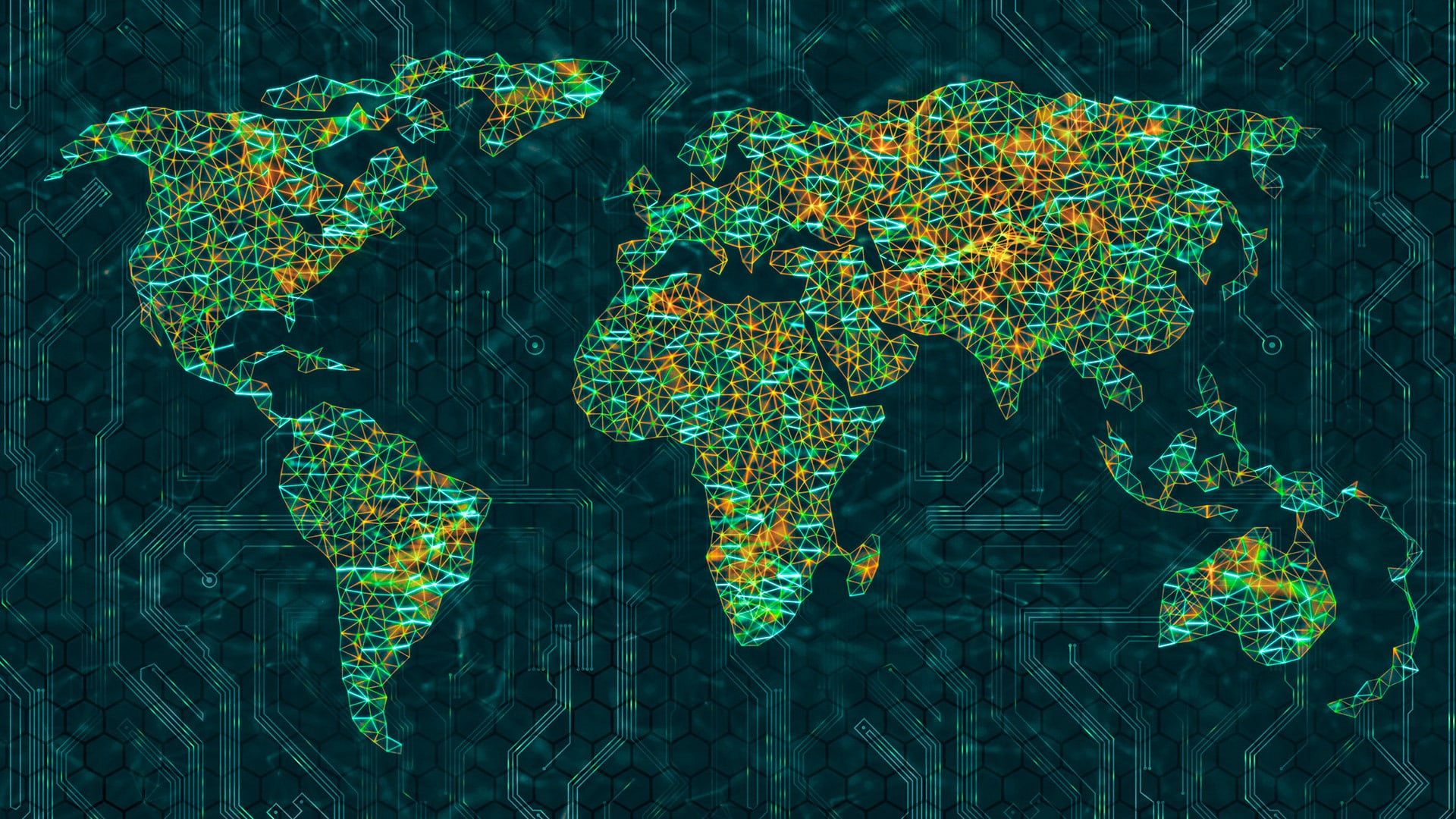 Mapa del mundo digitalizado con una red de conexiones triangulares de colores brillantes (naranja, verde y azul) sobre un fondo verde oscuro. América Latina
