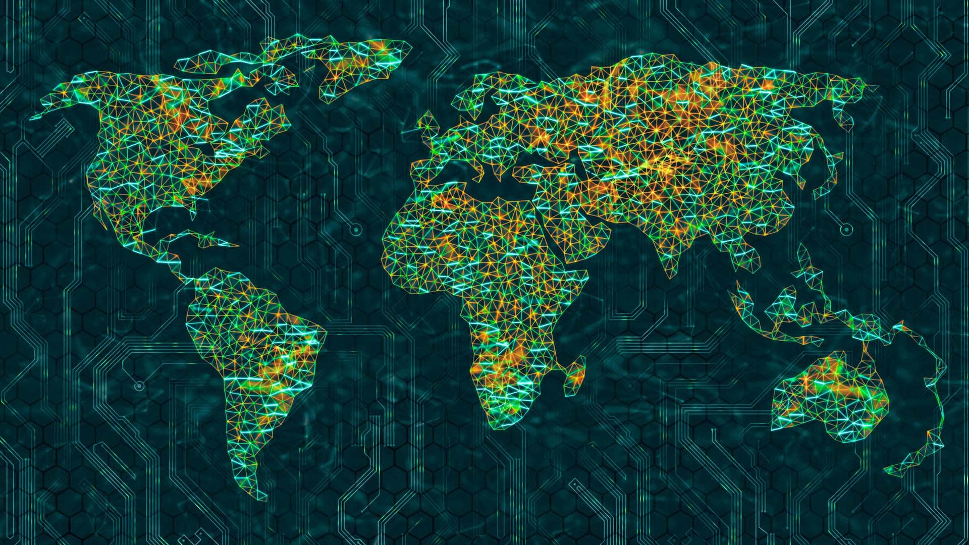 Mapa del mundo digitalizado con una red de conexiones triangulares de colores brillantes (naranja, verde y azul) sobre un fondo verde oscuro.