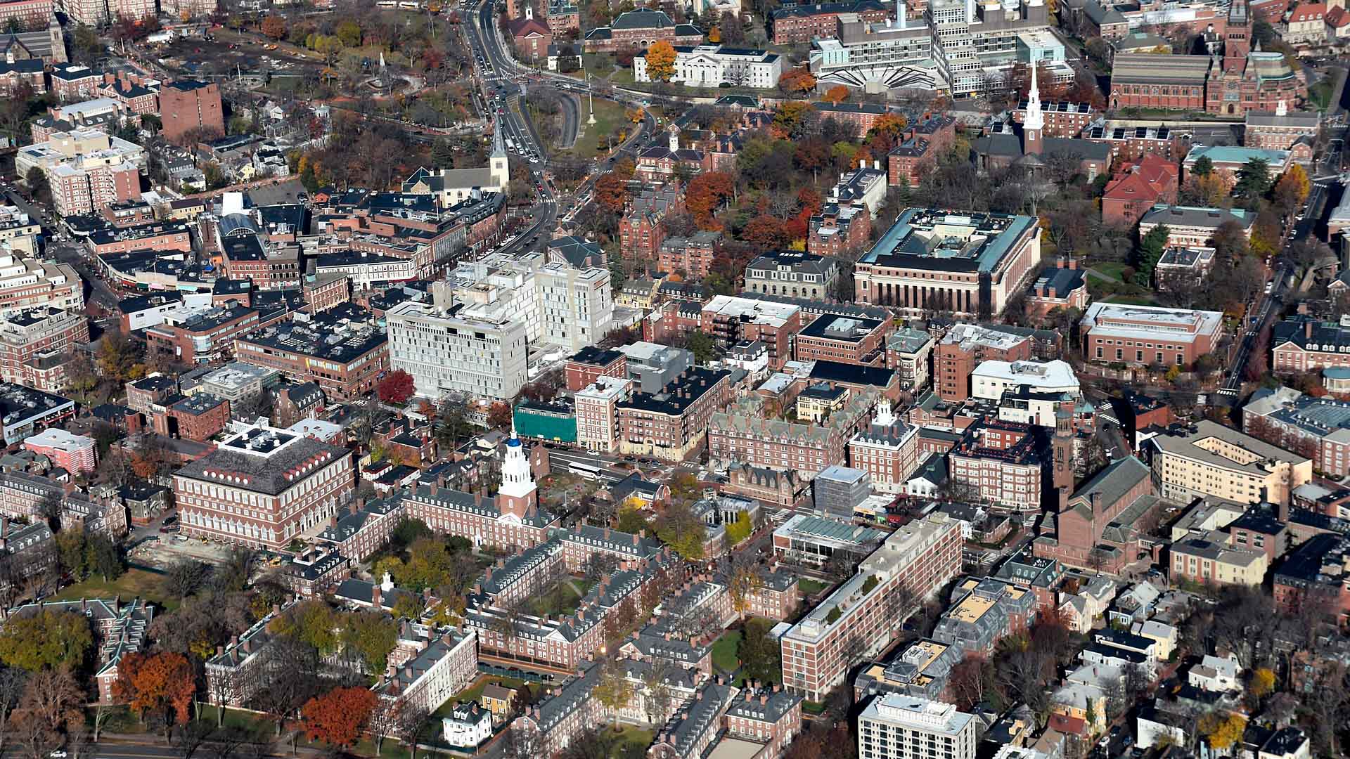 Vista aérea del campus principal de la Universidad de Harvard en Cambridge (Massachusetts), en la que se ve la distribución de las calles, donde priman edificios de ladrillo y árboles con follaje otoñal. Universidades