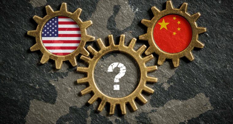 Three golden gears interlock over a map of Europe on a dark stone background; the left gear features the US flag, the right gear the Chinese flag, and the center displays a white question mark.