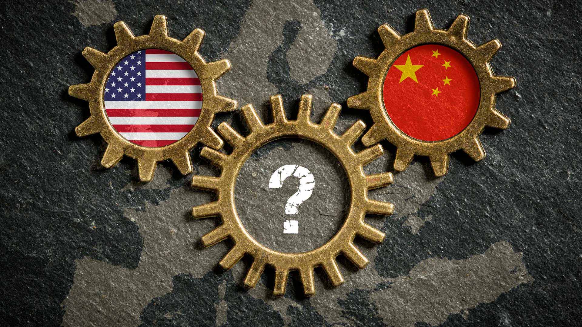Three golden gears interlock over a map of Europe on a dark stone background; the left gear features the US flag, the right gear the Chinese flag, and the center displays a white question mark.
