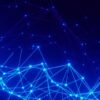 Abstract representation of a digital network with glowing interconnected points and lines on a dark blue background. Digital