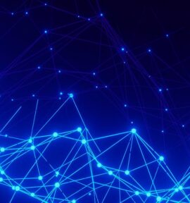Abstract representation of a digital network with glowing interconnected points and lines on a dark blue background. Digital