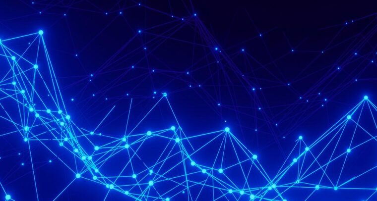 Abstract representation of a digital network with glowing interconnected points and lines on a dark blue background. Digital