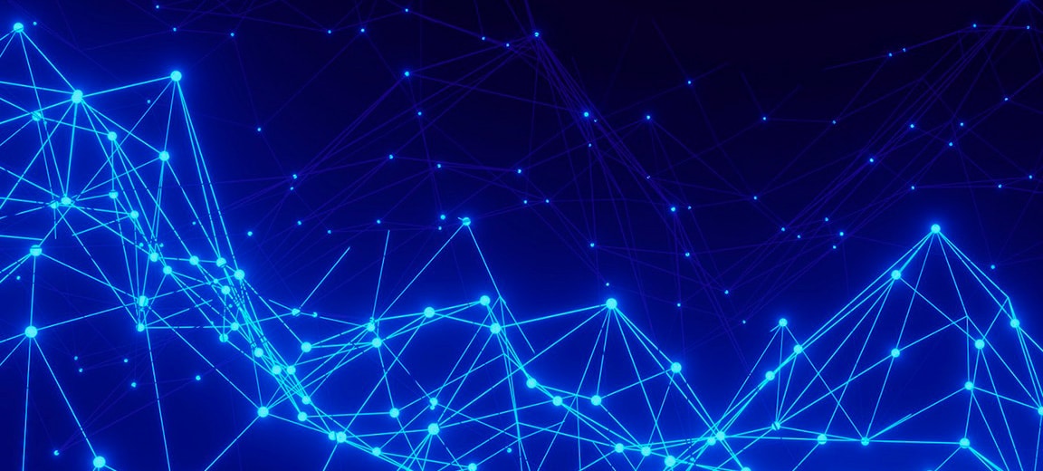 Abstract representation of a digital network with glowing interconnected points and lines on a dark blue background. Digital