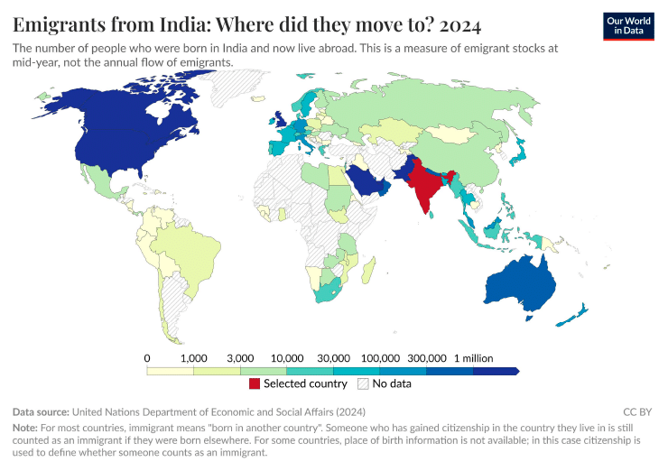 Figura 1. Mapa de destinos preferidos de los emigrantes indios, 2024