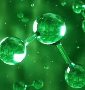 Digital generated image of H2 hydrogen molecule made out of liquid on green background.