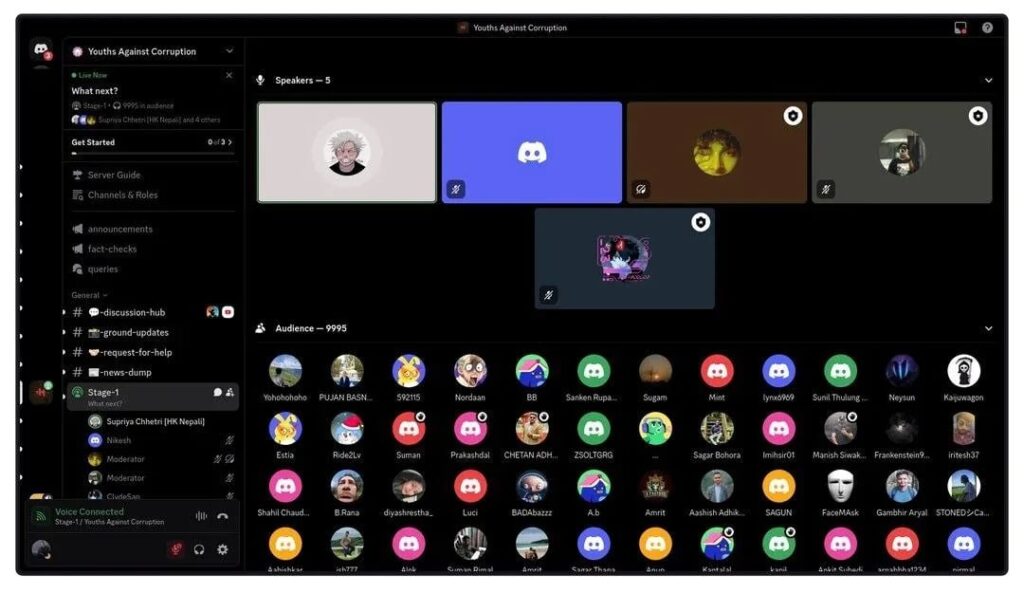 Figure 1. Discord server where the country's political future was debated. Screenshot of the Youths Against Corruption forum channel organised on Discord as a citizen response in Nepal. Source: Reddit.