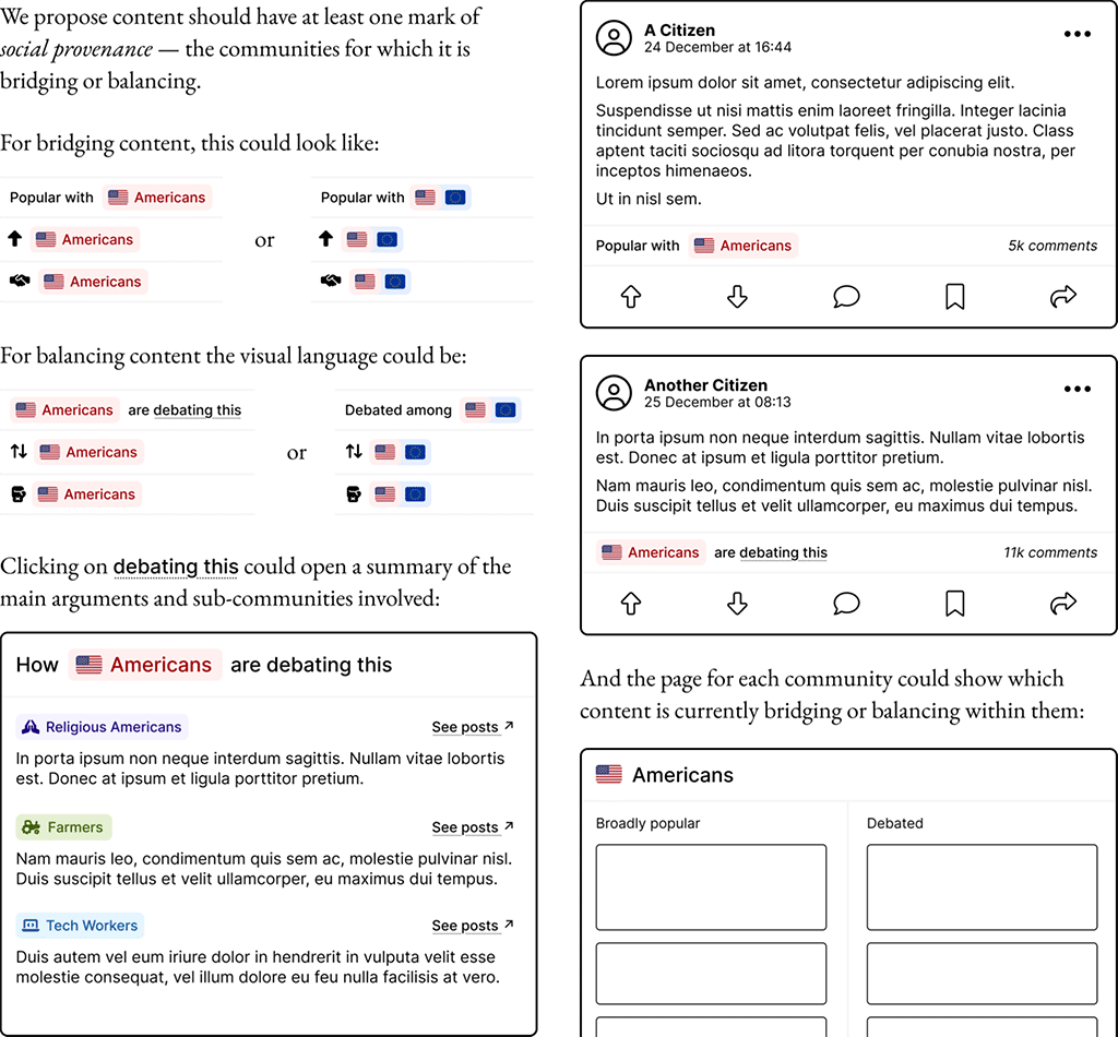 Figura 7. Propuesta de interfaz prosocial. Captura del artículo Prosocial Media donde se propone la lógica de bridging o balancing en la interfaz de la conversación en las plataformas digitales.