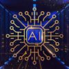 Ilustración de un chip dorado con el texto AI (Artificial Inteligence) en el centro, rodeado de circuitos sobre un fondo azul con racks de servidores iluminados.