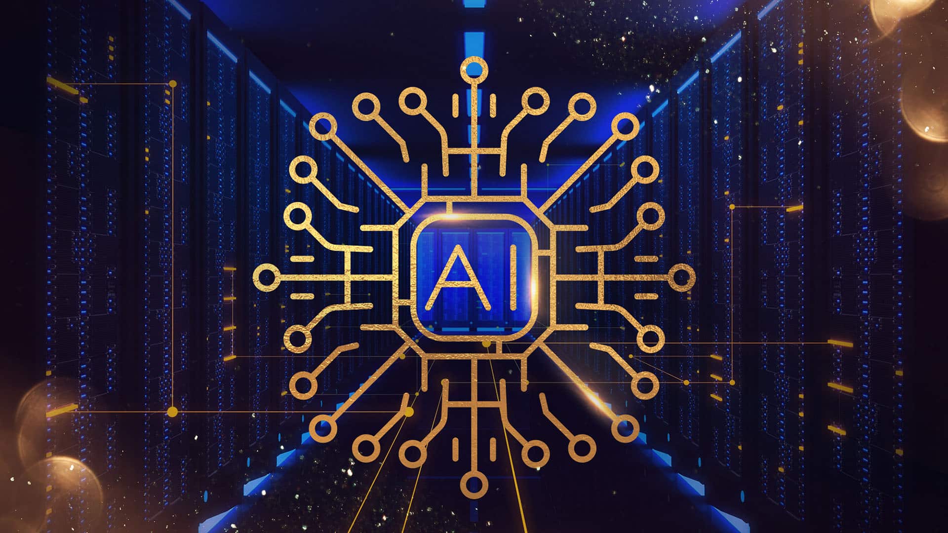 Ilustración de un chip dorado con el texto AI (Artificial Inteligence) en el centro, rodeado de circuitos sobre un fondo azul con racks de servidores iluminados.