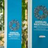 Paneles con el logotipo y texto de las Reuniones Anuales 2025 en Washington D.C. del Banco Mundial y el Fondo Monetario Internacional, decorados con un círculo formado por banderas de distintos países.