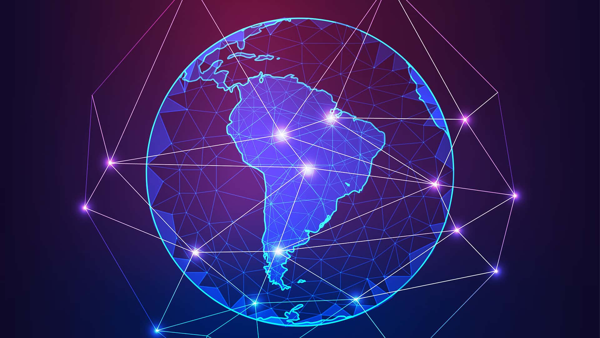 Digital illustration featuring a map of Latin America as seen from space, in shades of blue with connected lines and dots representing a technological network against a dark background.