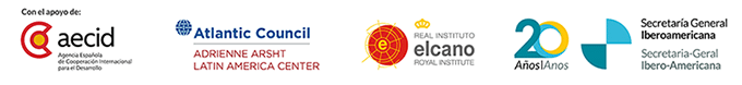 Logos of the organising entities of the 8th Trilateral Forum: SEGIB, Elcano Royal Institute and Atlantic Council. With the support of AECID.