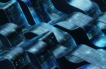 Diseño abstracto de estructuras digitales interconectadas que fluyen en un patrón ondulado, representando la Inteligencia Artificial, en color azul y negro (13/08/2024).