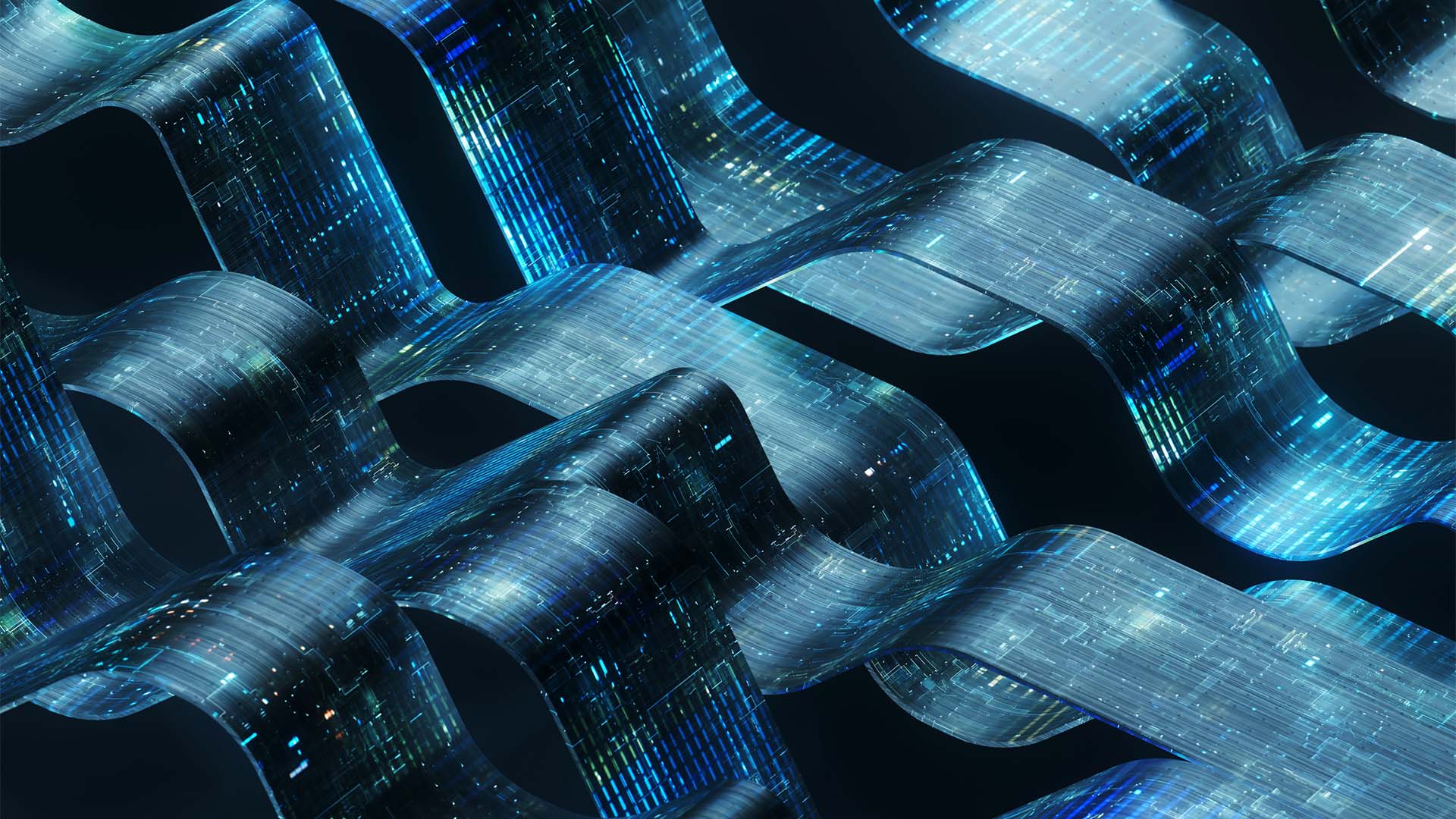 Diseño abstracto de estructuras digitales interconectadas que fluyen en un patrón ondulado, representando la Inteligencia Artificial, en color azul y negro (13/08/2024).
