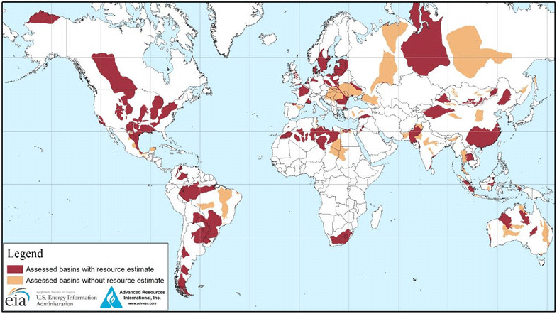 Figura 3. Mapa de las cuencas con potencial para la producción de petróleo y gas de esquisto. Fuente: U.S. Energy Information Administration (2013). Los recursos de shale gas se encuentran relativamente bien distribuidos geográficamente; sin embargo, la producción se concentra en EEUU, Canadá y, más recientemente, Argentina y China.