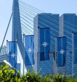 Several vertical NATO blue flags fly in front of a modern cable-stayed bridge and tall glass buildings in an urban setting in Rotterdam, the Netherlands, on the NATO Day in April 2023.