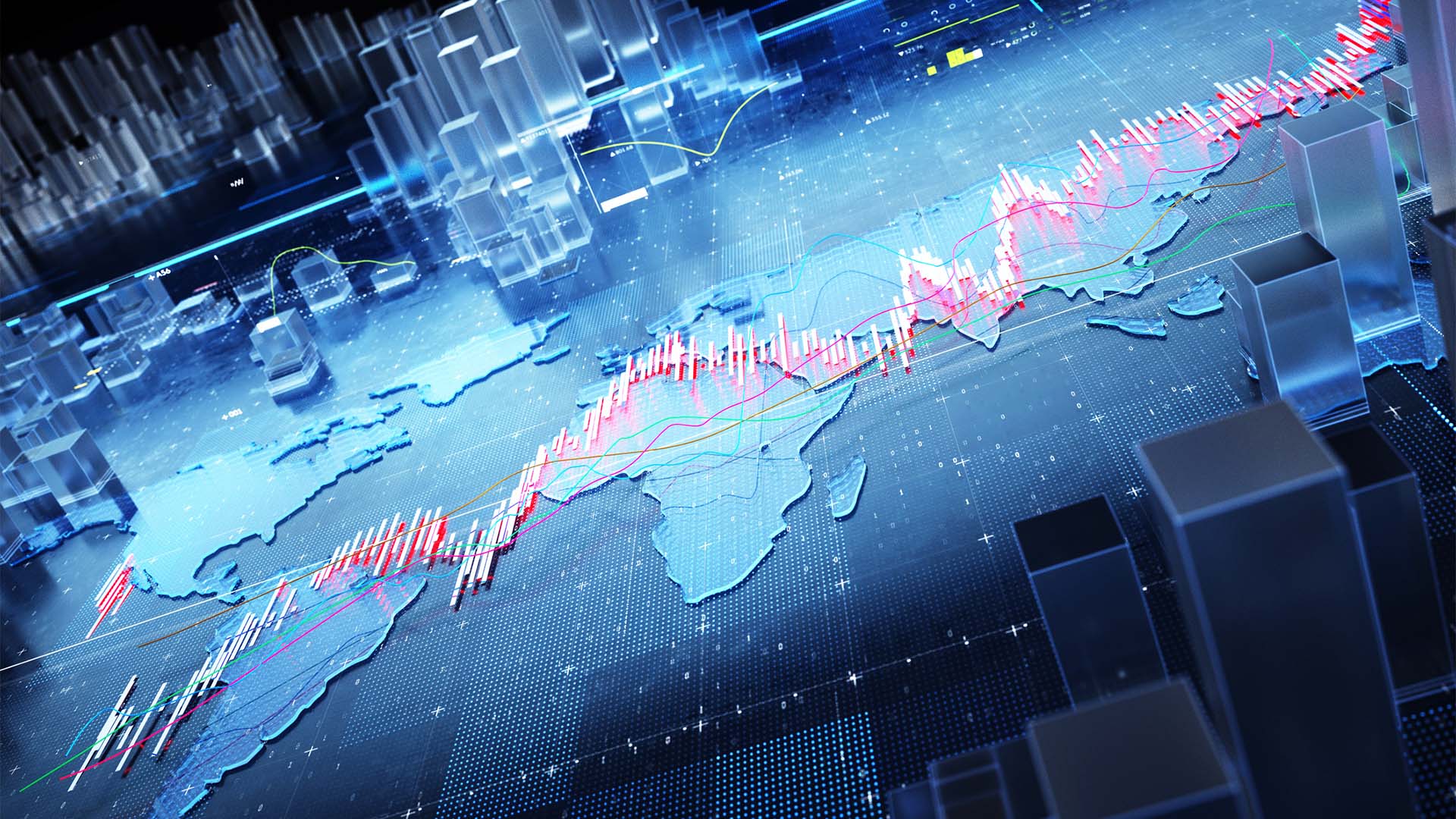 Imagen digital de un mapa mundial con múltiples gráficos. Sobre el mapa predominantemente azul, se superponen las barras transparentes, y dos gráficos abstractos: uno de color rojo de barras y otro de líneas en rojo, amarillo y verde.