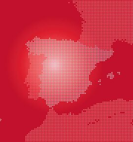 Ilustración vectorial del mapa de España transformado en puntos como parte de Europa y la península ibérica, con la costa norte de África, sobre un fondo rojo oscuro.