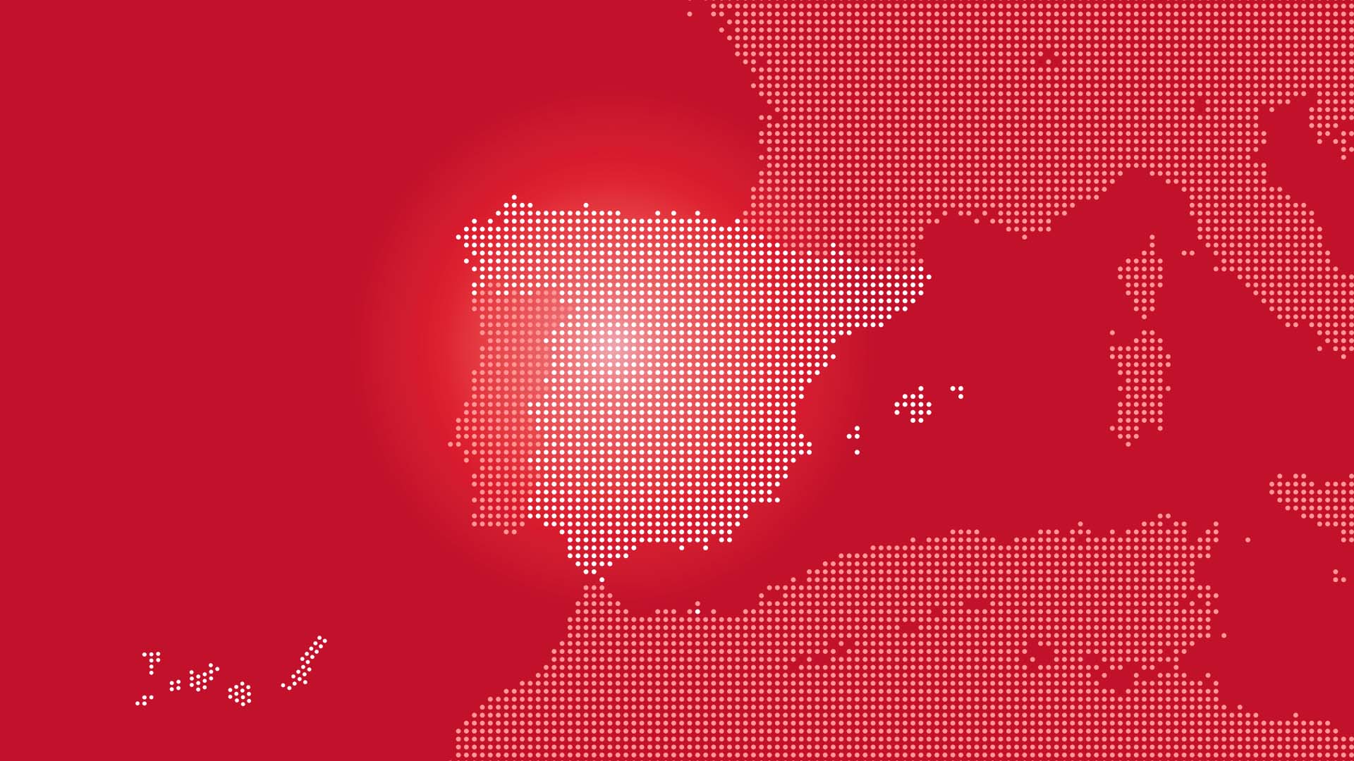 Ilustración vectorial del mapa de España transformado en puntos como parte de Europa y la península ibérica, con la costa norte de África, sobre un fondo rojo oscuro.