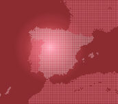 Ilustración vectorial del mapa de España transformado en puntos como parte de Europa y la península ibérica, con la costa norte de África, sobre un fondo rojo oscuro.