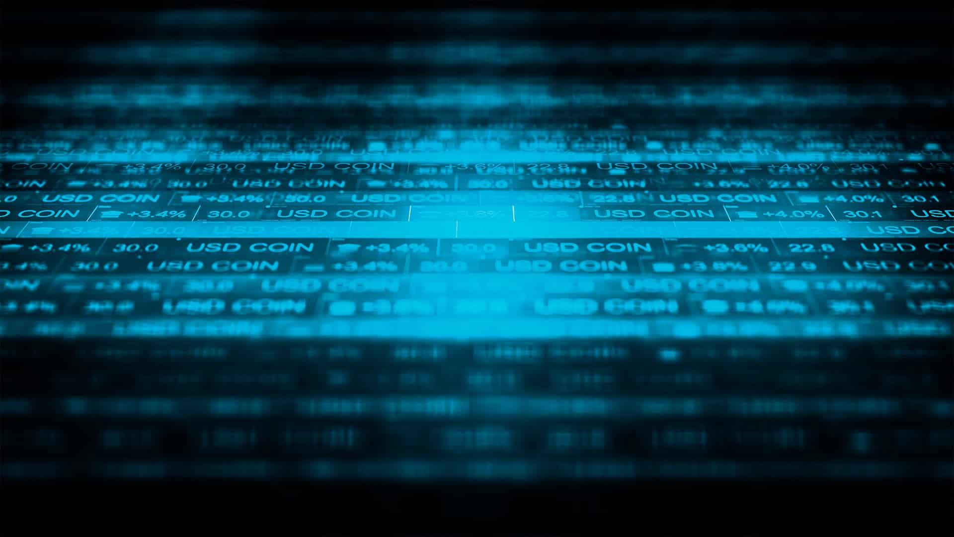 Pantalla de cotizaciones de USD Coin con rendimientos positivos y negativos en tonos azules y negros.