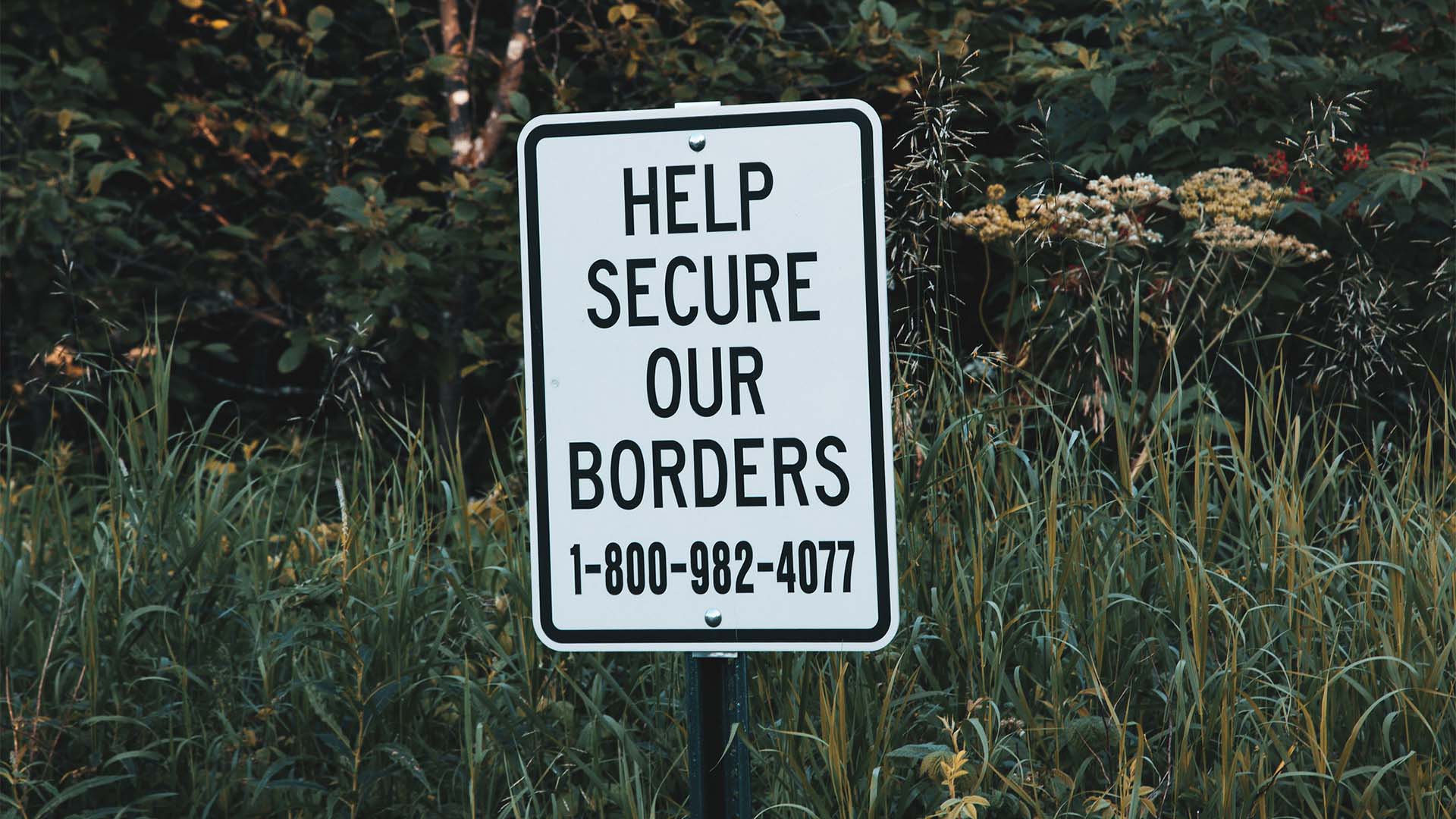 Sign reading “Help Secure Our Borders” with a toll-free number for U.S. Customs and Border Protection, standing on green grass at the Pigeon River boat launch south of the Canadian border.