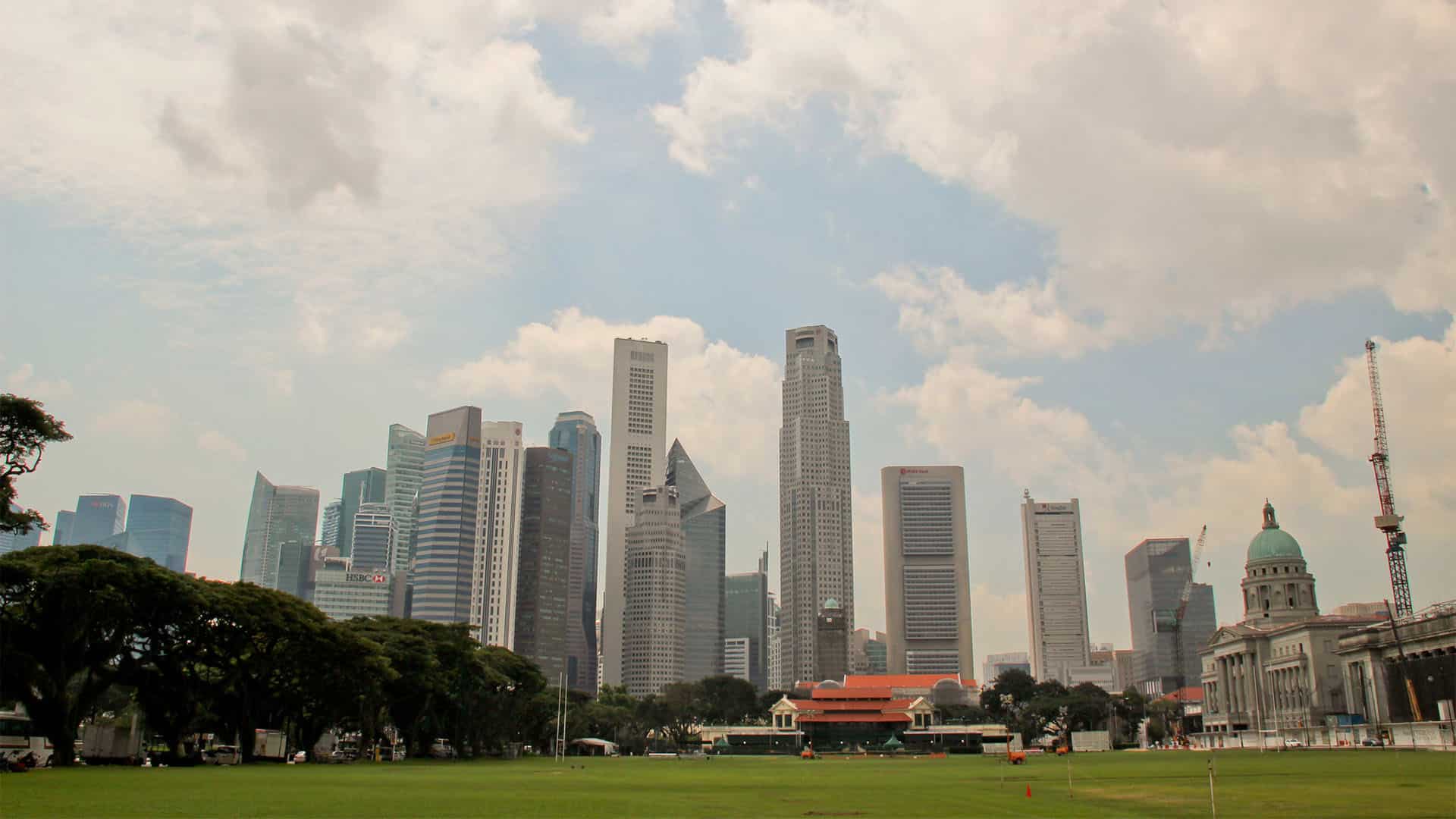 Panorámica del skyline de los rascacielos de Singapur bajo un cielo claro y algo nublado, vistos desde una explanada de césped con algunos árboles.