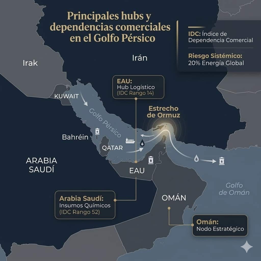 Mapa del Golfo Pérsico que muestra países de la región alrededor del Estrecho de Ormuz, con indicaciones sobre hubs logísticos y dependencias comerciales de Emiratos Árabes Unidos, Arabia Saudí y Omán, y anotaciones sobre vulnerabilidades sistémicas y flujos marítimos.